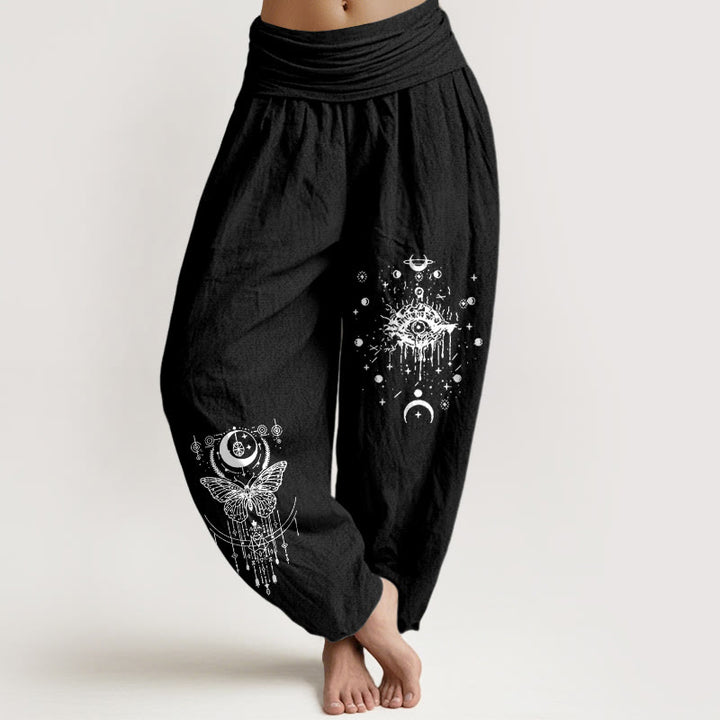 Buddha Stones Pantaloni harem da donna con elastico in vita, modello minimalista con occhio di luna e farfalla, in puro cotone - Nero - US16, UK/AU20, EU48 (3XL) - image 5