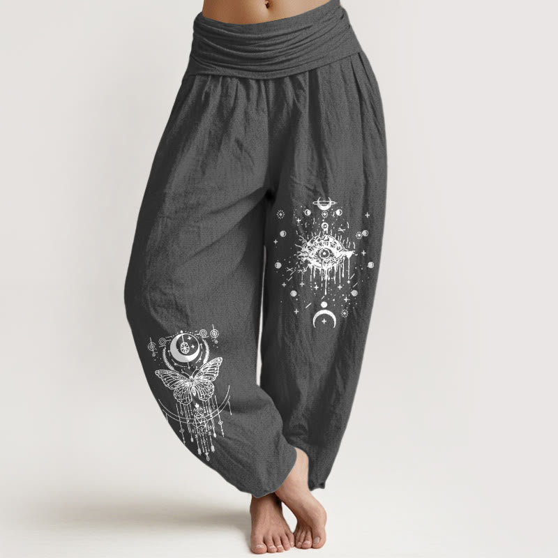 Buddha Stones Pantaloni harem da donna con elastico in vita, modello minimalista con occhio di luna e farfalla, in puro cotone - Grigio scuro - US16, UK/AU20, EU48 (3XL) - image 8