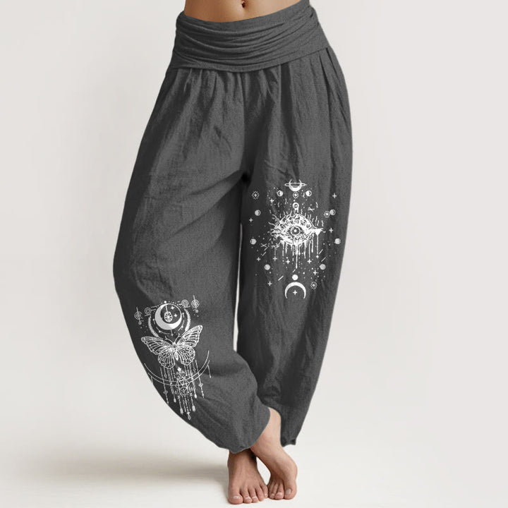 Buddha Stones Pantaloni harem da donna con elastico in vita, modello minimalista con occhio di luna e farfalla, in puro cotone - Grigio scuro - US16, UK/AU20, EU48 (3XL) - image 8
