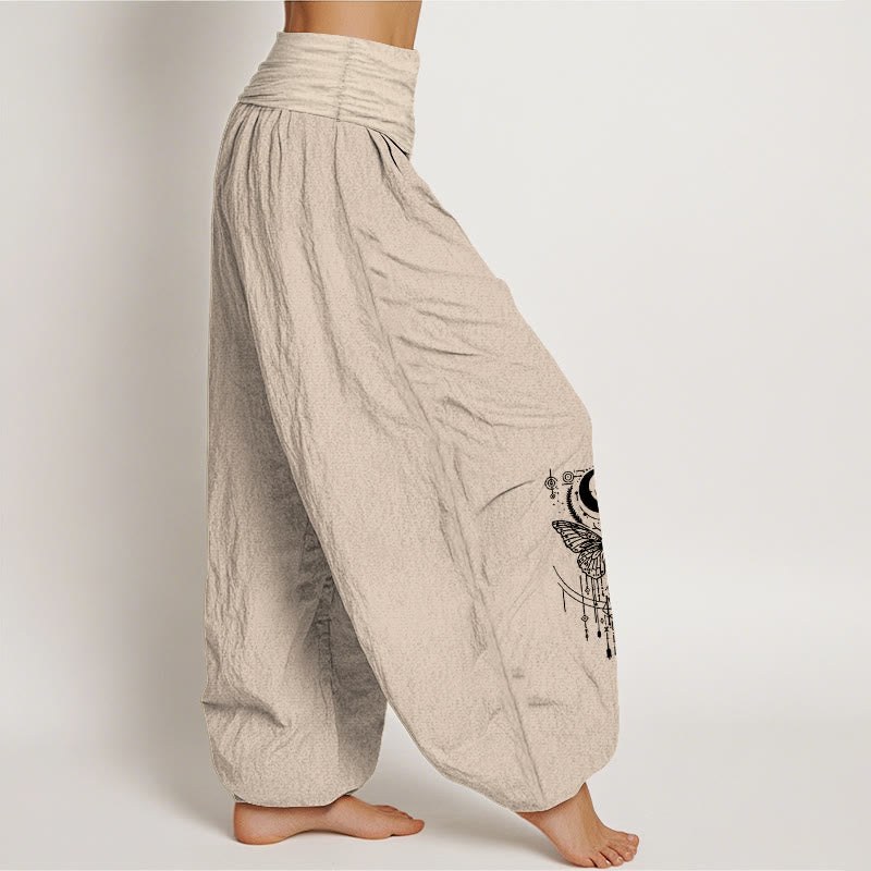 Buddha Stones Pantaloni harem da donna con elastico in vita, modello minimalista con occhio di luna e farfalla, in puro cotone - image 13