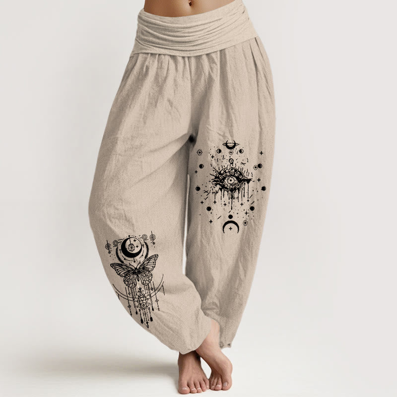 Buddha Stones Pantaloni harem da donna con elastico in vita, modello minimalista con occhio di luna e farfalla, in puro cotone - Abbronzatura - US16, UK/AU20, EU48 (3XL) - image 11