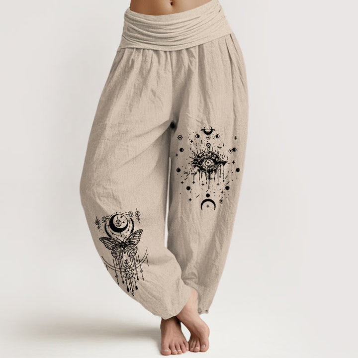 Buddha Stones Pantaloni harem da donna con elastico in vita, modello minimalista con occhio di luna e farfalla, in puro cotone - Abbronzatura - US16, UK/AU20, EU48 (3XL) - image 11