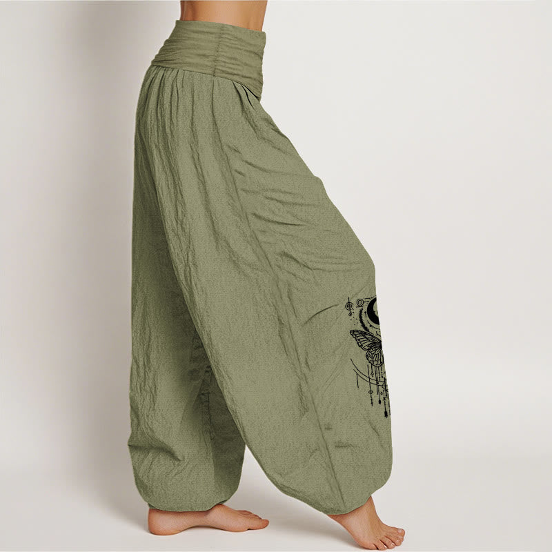 Buddha Stones Pantaloni harem da donna con elastico in vita, modello minimalista con occhio di luna e farfalla, in puro cotone - image 16