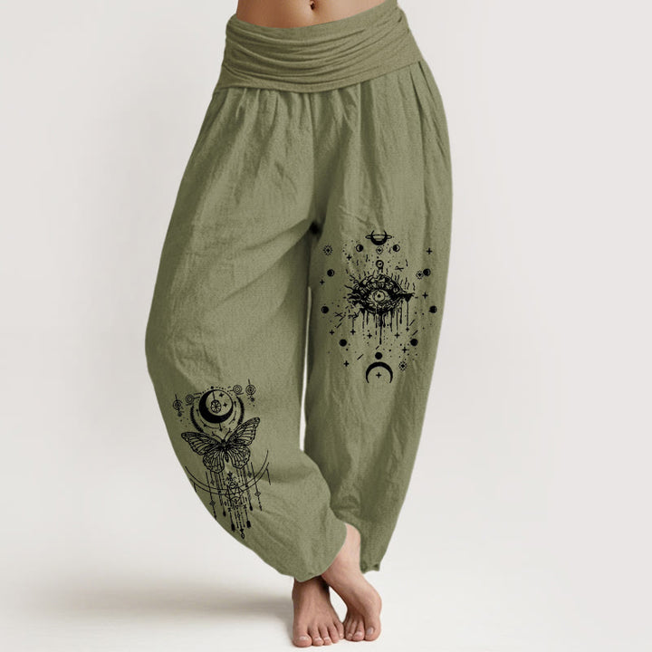 Buddha Stones Pantaloni harem da donna con elastico in vita, modello minimalista con occhio di luna e farfalla, in puro cotone - Verde oliva - US16, UK/AU20, EU48 (3XL) - image 14