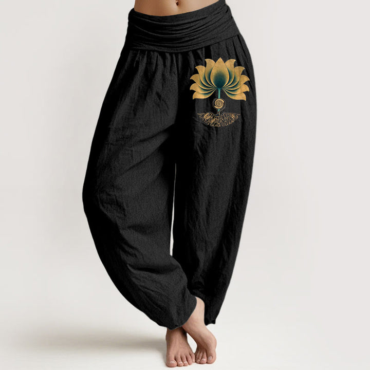 Buddha Stones Pantaloni harem da donna con elastico in vita e motivo a loto, in puro cotone, con colori armoniosi - Nero - US16, UK/AU20, EU48 (3XL) - image 0