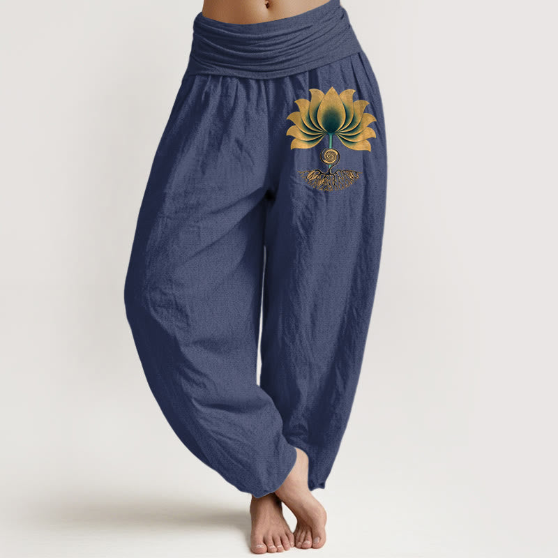 Buddha Stones Pantaloni harem da donna con elastico in vita e motivo a loto, in puro cotone, con colori armoniosi - DarkSlateBlue - US16, UK/AU20, EU48 (3XL) - image 5