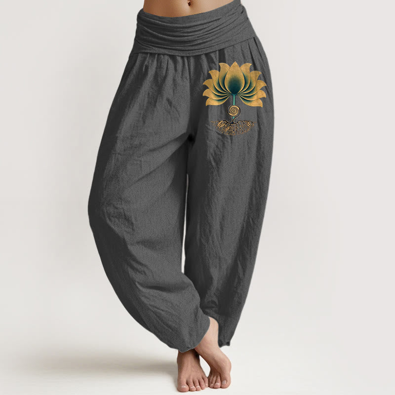 Buddha Stones Pantaloni harem da donna con elastico in vita e motivo a loto, in puro cotone, con colori armoniosi - Grigio scuro - US16, UK/AU20, EU48 (3XL) - image 8