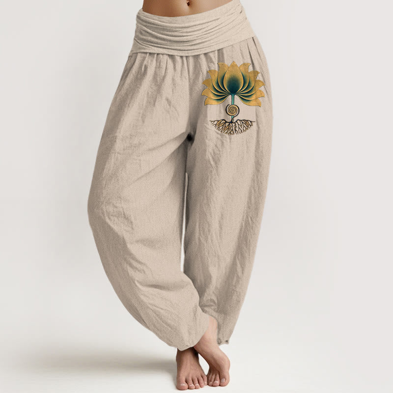 Buddha Stones Pantaloni harem da donna con elastico in vita e motivo a loto, in puro cotone, con colori armoniosi - Abbronzatura - US16, UK/AU20, EU48 (3XL) - image 11