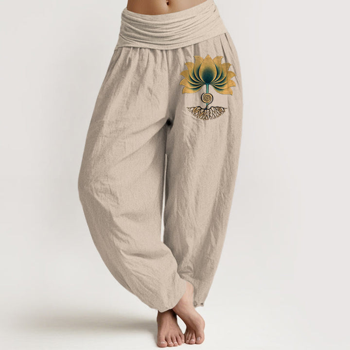 Buddha Stones Pantaloni harem da donna con elastico in vita e motivo a loto, in puro cotone, con colori armoniosi - Abbronzatura - US16, UK/AU20, EU48 (3XL) - image 11