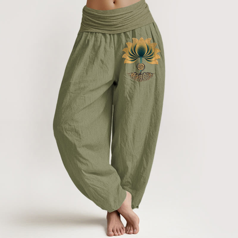Buddha Stones Pantaloni harem da donna con elastico in vita e motivo a loto, in puro cotone, con colori armoniosi - Verde oliva - US16, UK/AU20, EU48 (3XL) - image 14