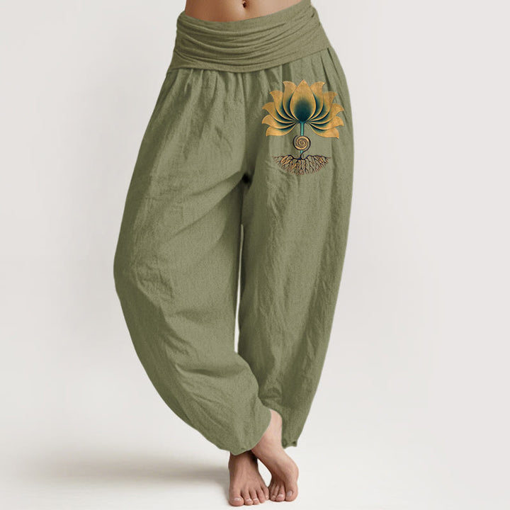 Buddha Stones Pantaloni harem da donna con elastico in vita e motivo a loto, in puro cotone, con colori armoniosi - Verde oliva - US16, UK/AU20, EU48 (3XL) - image 14