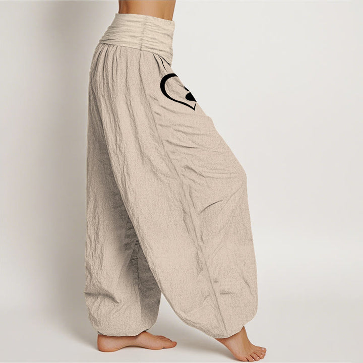 Buddha Stones Pantaloni harem da donna in puro cotone con elastico in vita e motivo a forma di cuore con stampe di zampe di gatto concise - image 2