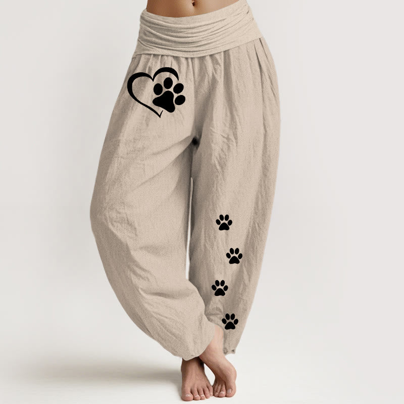 Buddha Stones Pantaloni harem da donna in puro cotone con elastico in vita e motivo a forma di cuore con stampe di zampe di gatto concise - Tan - US16, UK/AU20, EU48 (3XL) - image 0