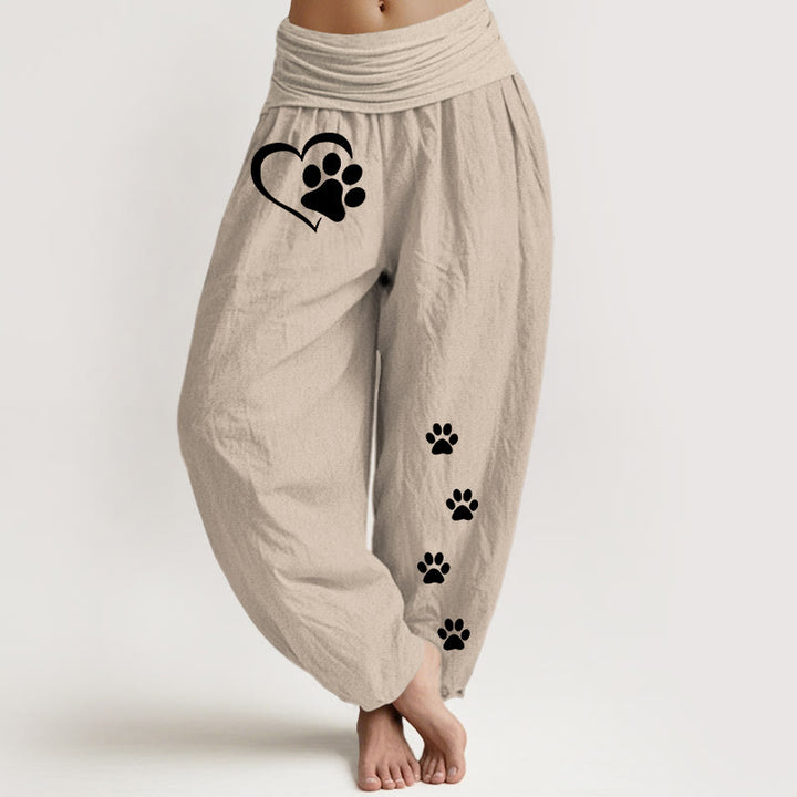 Buddha Stones Pantaloni harem da donna in puro cotone con elastico in vita e motivo a forma di cuore con stampe di zampe di gatto concise - Abbronzatura - US16, UK/AU20, EU48 (3XL) - image 0