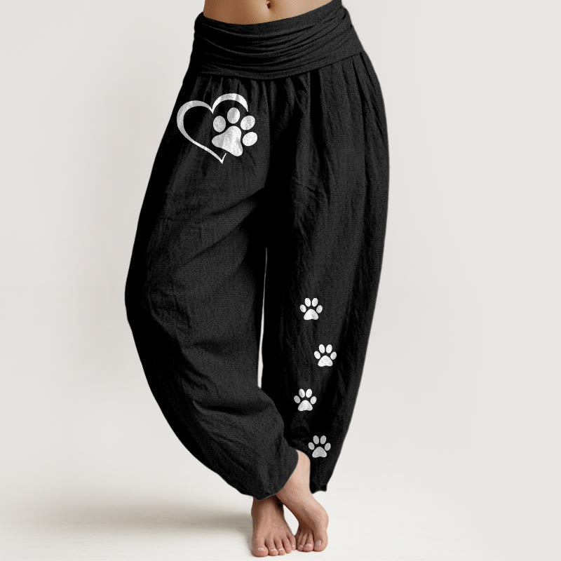 Buddha Stones Pantaloni harem da donna in puro cotone con elastico in vita e motivo a forma di cuore con stampe di zampe di gatto concise - Nero - US16, UK/AU20, EU48 (3XL) - image 5