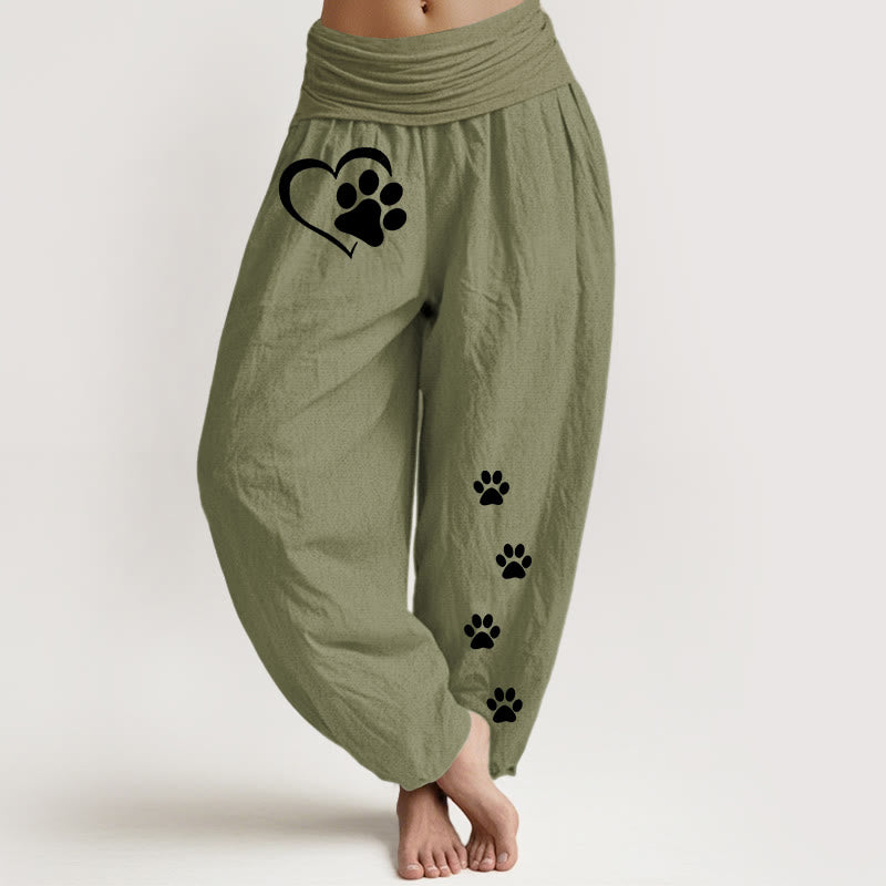 Buddha Stones Pantaloni harem da donna in puro cotone con elastico in vita e motivo a forma di cuore con stampe di zampe di gatto concise - Verde oliva - US16, UK/AU20, EU48 (3XL) - image 14