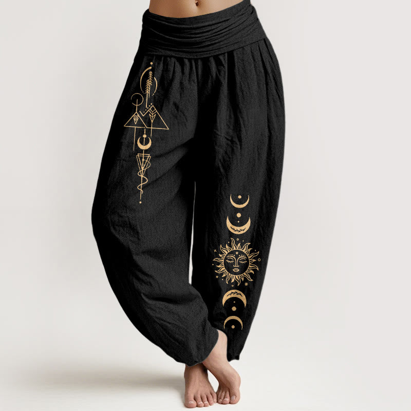 Buddha Stones Pantaloni harem da donna in puro cotone con elastico in vita e motivo geometrico con sole e luna - Nero - US16, UK/AU20, EU48 (3XL) - image 0