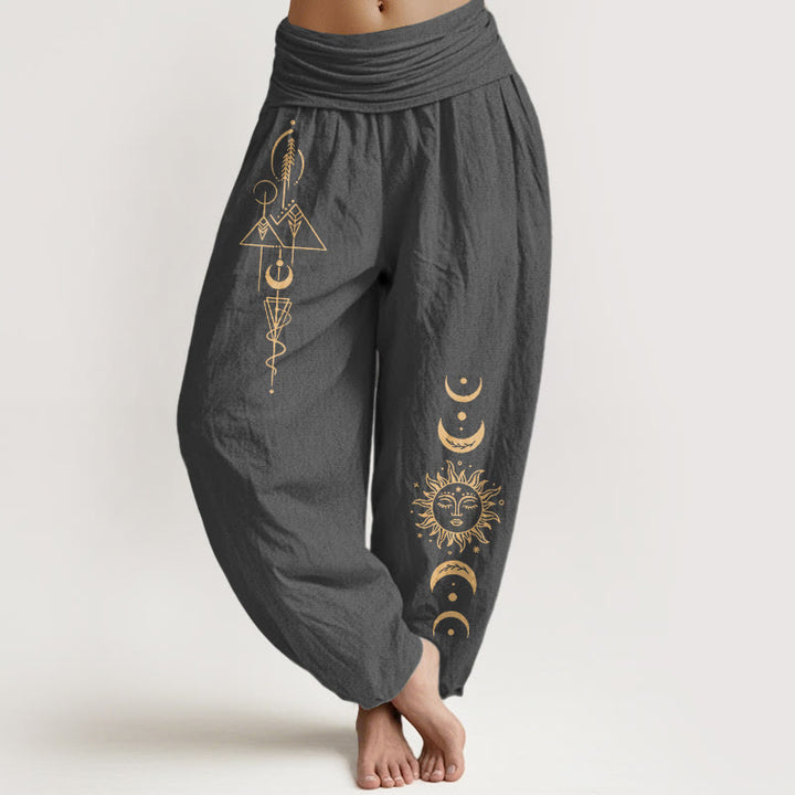 Buddha Stones Pantaloni harem da donna in puro cotone con elastico in vita e motivo geometrico con sole e luna - Grigio tenue - US16, UK/AU20, EU48 (3XL) - image 8