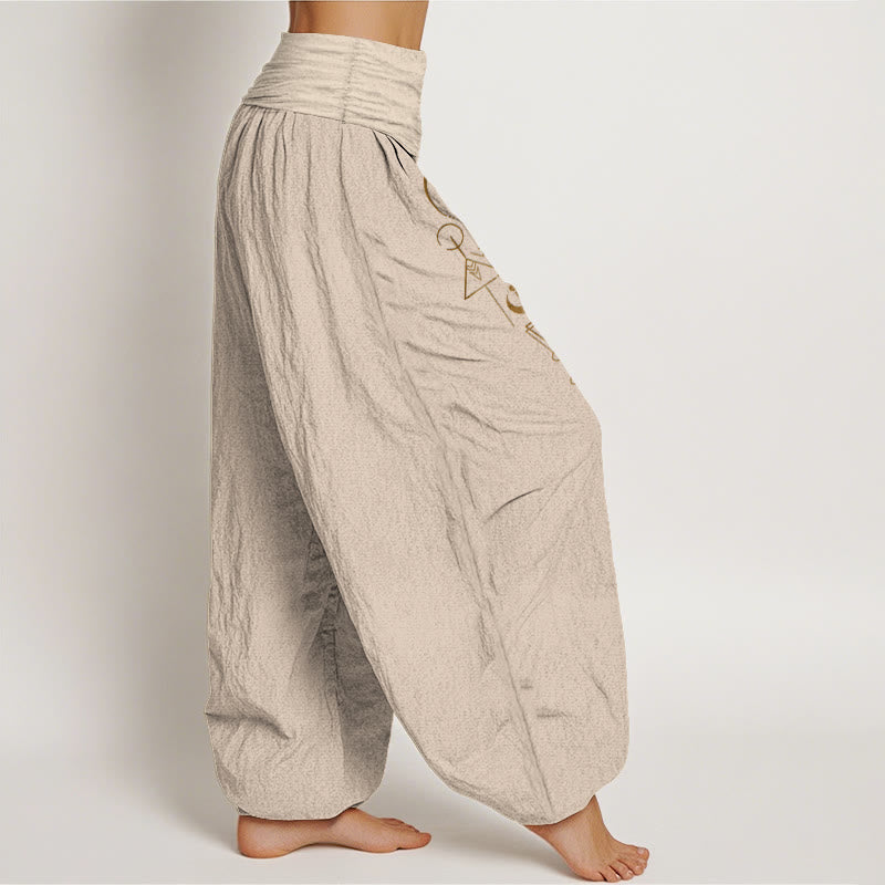 Buddha Stones Pantaloni harem da donna in puro cotone con elastico in vita e motivo geometrico con sole e luna - image 13
