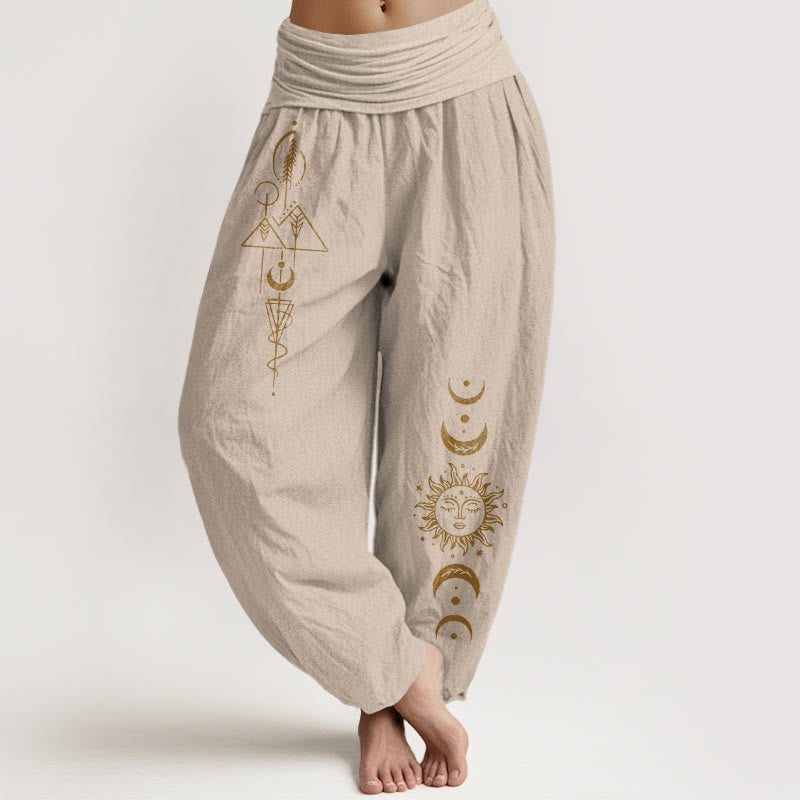 Buddha Stones Pantaloni harem da donna in puro cotone con elastico in vita e motivo geometrico con sole e luna - Tan - US16, UK/AU20, EU48 (3XL) - image 11