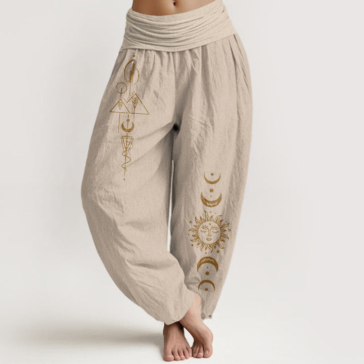 Buddha Stones Pantaloni harem da donna in puro cotone con elastico in vita e motivo geometrico con sole e luna - Tan - US16, UK/AU20, EU48 (3XL) - image 11