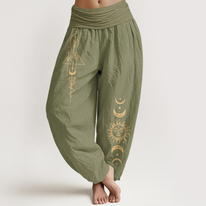 Buddha Stones Pantaloni harem da donna in puro cotone con elastico in vita e motivo geometrico con sole e luna - Verde oliva - US16, UK/AU20, EU48 (3XL) - image 14