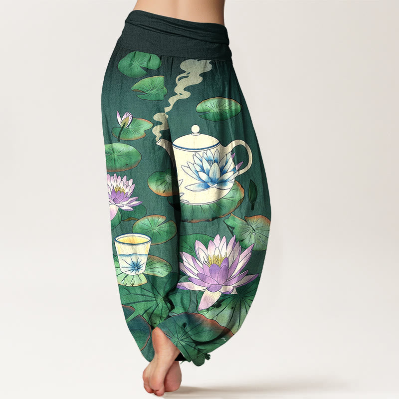 Buddha Stones Pantaloni harem da donna con elastico in vita e motivo a teiera e foglia di loto in puro cotone - image 1