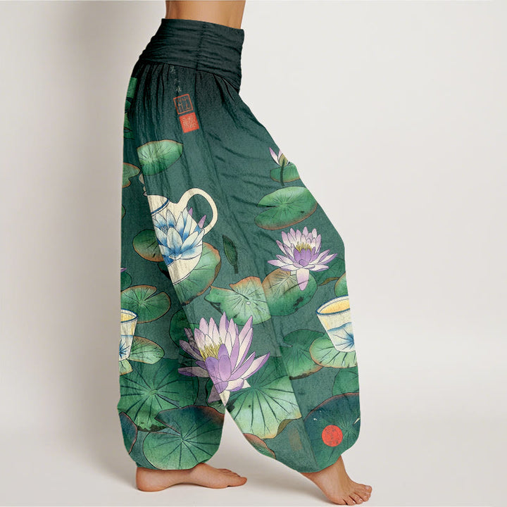 Buddha Stones Pantaloni harem da donna con elastico in vita e motivo a teiera e foglia di loto in puro cotone - image 2