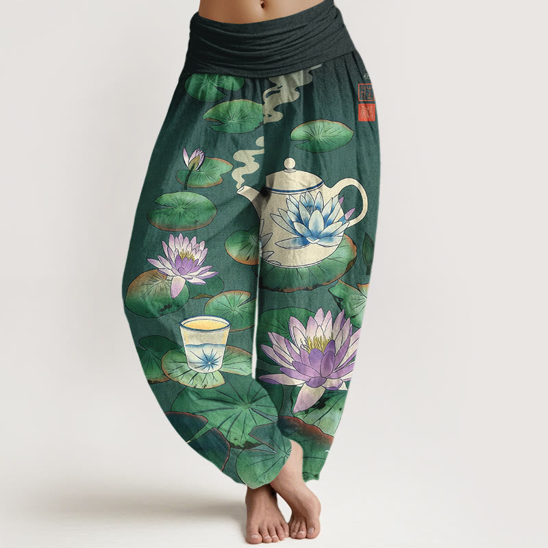 Buddha Stones Pantaloni harem da donna con elastico in vita e motivo a teiera e foglia di loto in puro cotone - SeaGreen - US16, UK/AU20, EU48 (3XL) - image 0