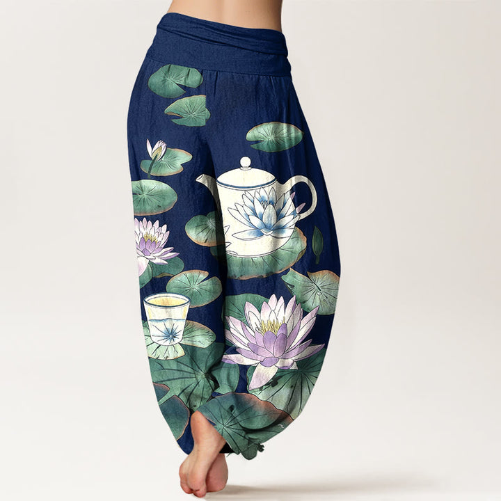 Buddha Stones Pantaloni harem da donna con elastico in vita e motivo a teiera e foglia di loto in puro cotone - image 6