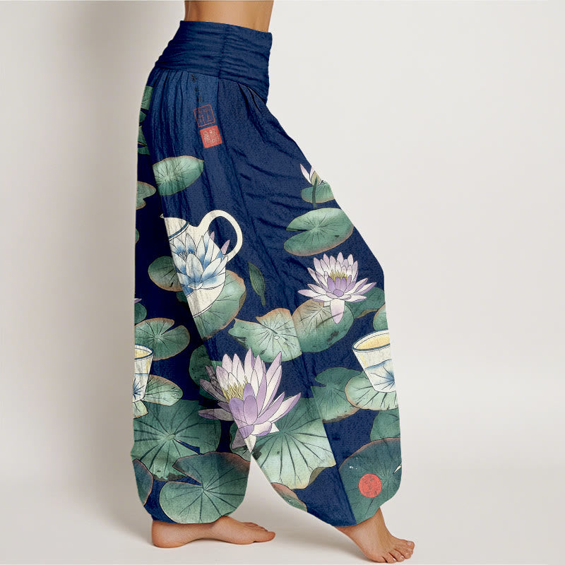 Buddha Stones Pantaloni harem da donna con elastico in vita e motivo a teiera e foglia di loto in puro cotone - image 7