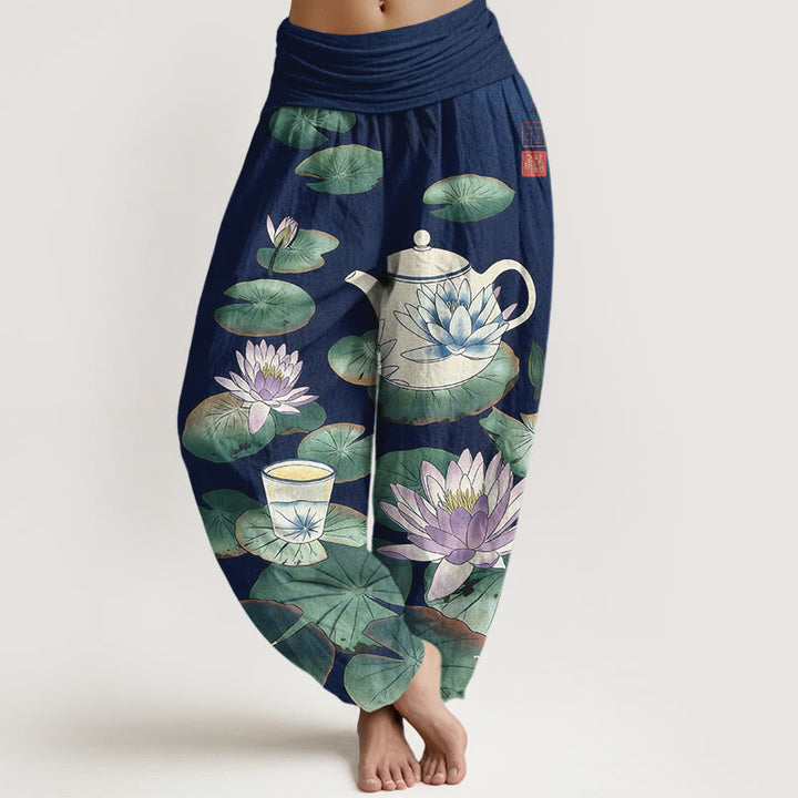 Buddha Stones Pantaloni harem da donna con elastico in vita e motivo a teiera e foglia di loto in puro cotone - Blu scuro - US16, UK/AU20, EU48 (3XL) - image 5
