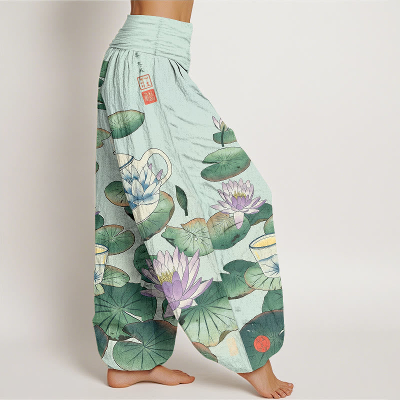 Buddha Stones Pantaloni harem da donna con elastico in vita e motivo a teiera e foglia di loto in puro cotone - image 10