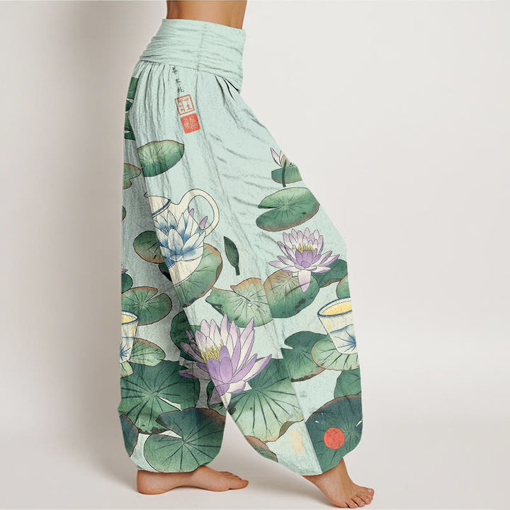 Buddha Stones Pantaloni harem da donna con elastico in vita e motivo a teiera e foglia di loto in puro cotone - image 10