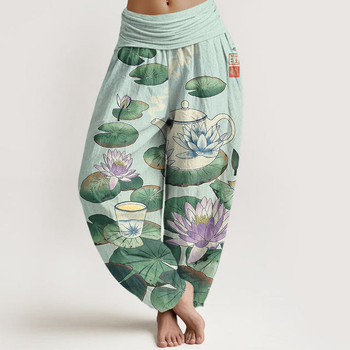 Buddha Stones Pantaloni harem da donna con elastico in vita e motivo a teiera e foglia di loto in puro cotone - Ciano chiaro - US16, UK/AU20, EU48 (3XL) - image 8