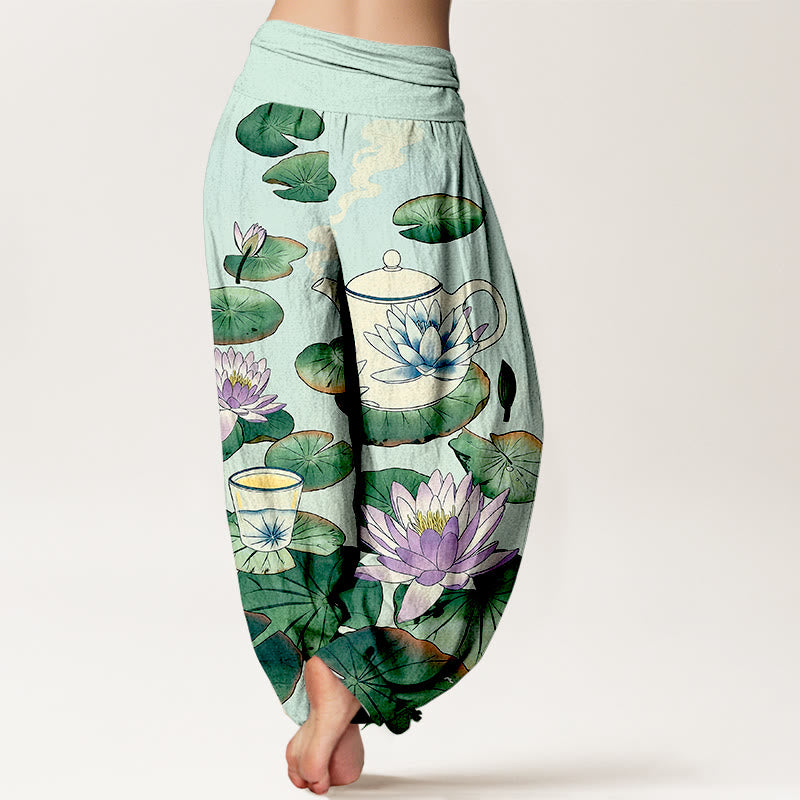 Buddha Stones Pantaloni harem da donna con elastico in vita e motivo a teiera e foglia di loto in puro cotone - image 9