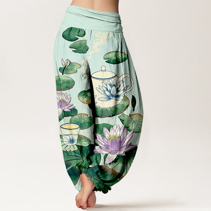 Buddha Stones Pantaloni harem da donna con elastico in vita e motivo a teiera e foglia di loto in puro cotone - image 9