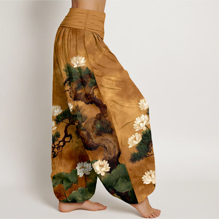 Buddha Stones Pantaloni harem da donna in puro cotone con elastico in vita e motivo a foglie di pino e fiore di loto - image 2