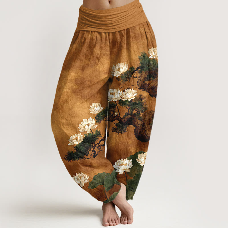 Buddha Stones Pantaloni harem da donna in puro cotone con elastico in vita e motivo a foglie di pino e fiore di loto - Verga d'oro - US16, UK/AU20, EU48 (3XL) - image 0