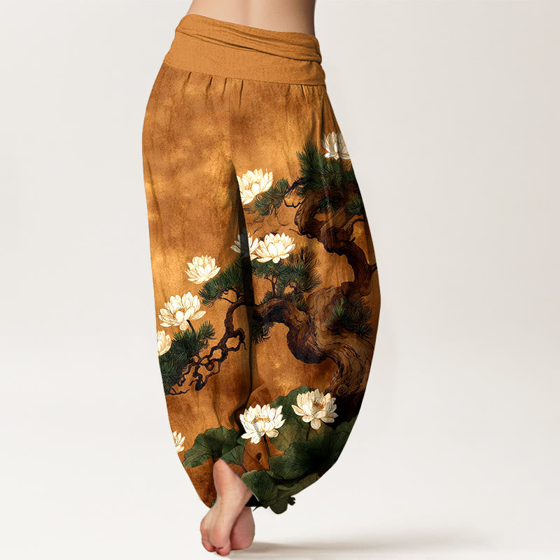 Buddha Stones Pantaloni harem da donna in puro cotone con elastico in vita e motivo a foglie di pino e fiore di loto - image 1