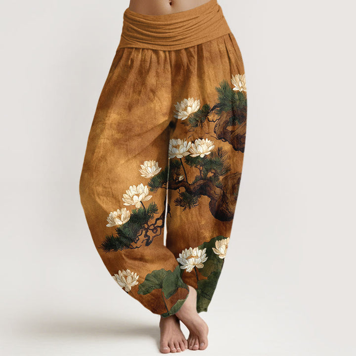 Buddha Stones Pantaloni harem da donna in puro cotone con elastico in vita e motivo a foglie di pino e fiore di loto - Verga d'oro - US16, UK/AU20, EU48 (3XL) - image 0