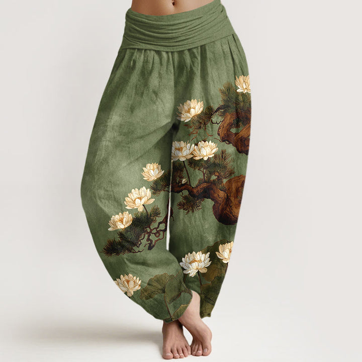 Buddha Stones Pantaloni harem da donna in puro cotone con elastico in vita e motivo a foglie di pino e fiore di loto - Verde oliva - US16, UK/AU20, EU48 (3XL) - image 5