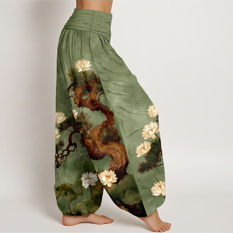 Buddha Stones Pantaloni harem da donna in puro cotone con elastico in vita e motivo a foglie di pino e fiore di loto - image 7