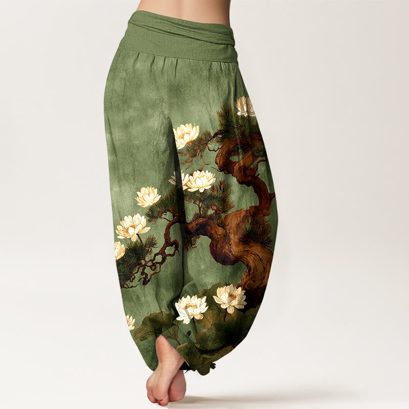 Buddha Stones Pantaloni harem da donna in puro cotone con elastico in vita e motivo a foglie di pino e fiore di loto - image 6
