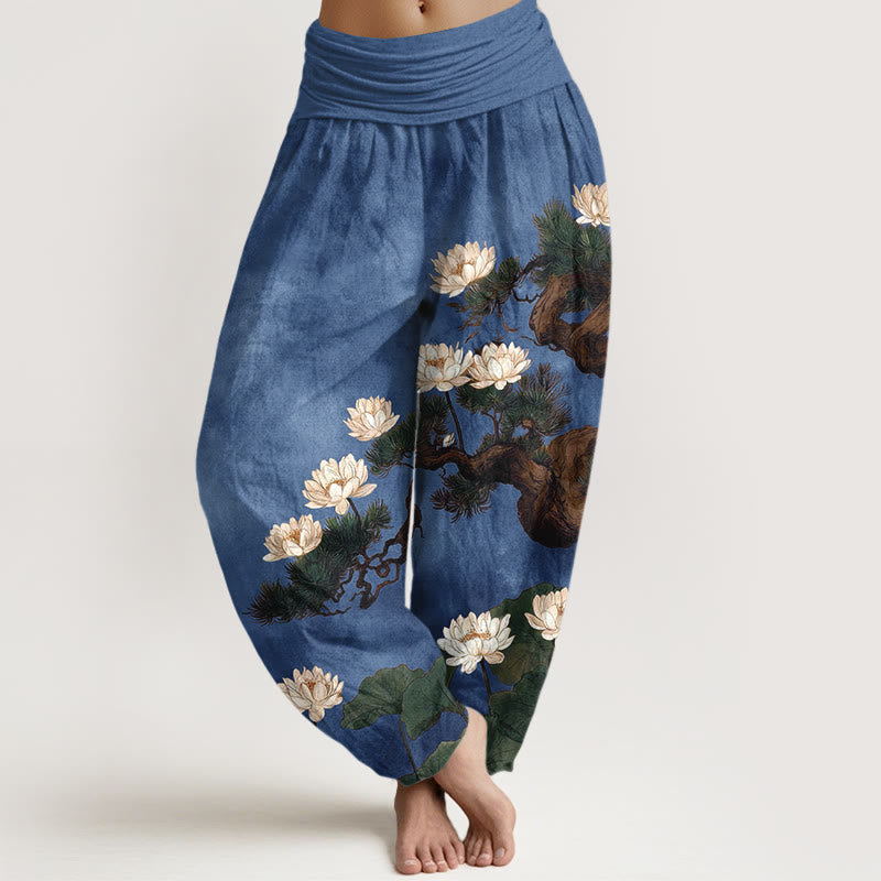 Buddha Stones Pantaloni harem da donna in puro cotone con elastico in vita e motivo a foglie di pino e fiore di loto - Blu Reale - US16, UK/AU20, EU48 (3XL) - image 8