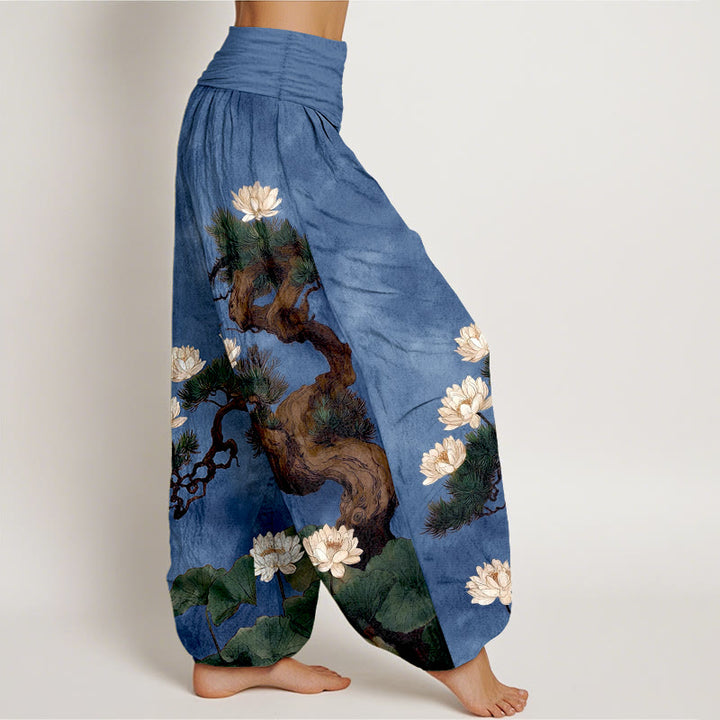Buddha Stones Pantaloni harem da donna in puro cotone con elastico in vita e motivo a foglie di pino e fiore di loto - image 10