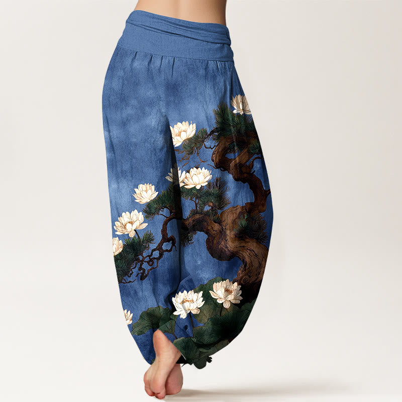 Buddha Stones Pantaloni harem da donna in puro cotone con elastico in vita e motivo a foglie di pino e fiore di loto - image 9