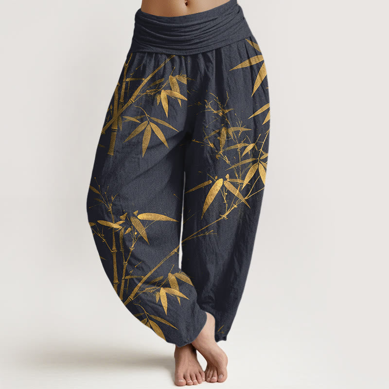 Buddha Stones Pantaloni harem da donna in puro cotone con elastico in vita e motivo classico in bambù - Blu notte - US16, UK/AU20, EU48 (3XL) - image 5