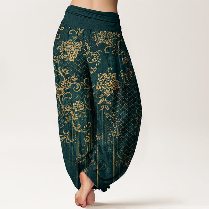 Buddha Stones Pantaloni harem da donna in puro cotone con elastico in vita e motivo classico a fiori e foglie - image 1
