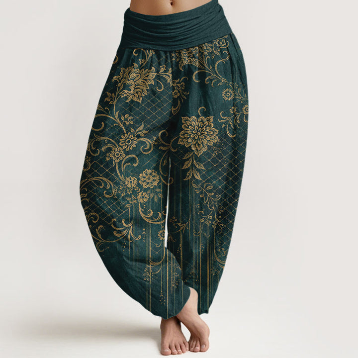 Buddha Stones Pantaloni harem da donna in puro cotone con elastico in vita e motivo classico a fiori e foglie - Verde scuro - US16, UK/AU20, EU48 (3XL) - image 0